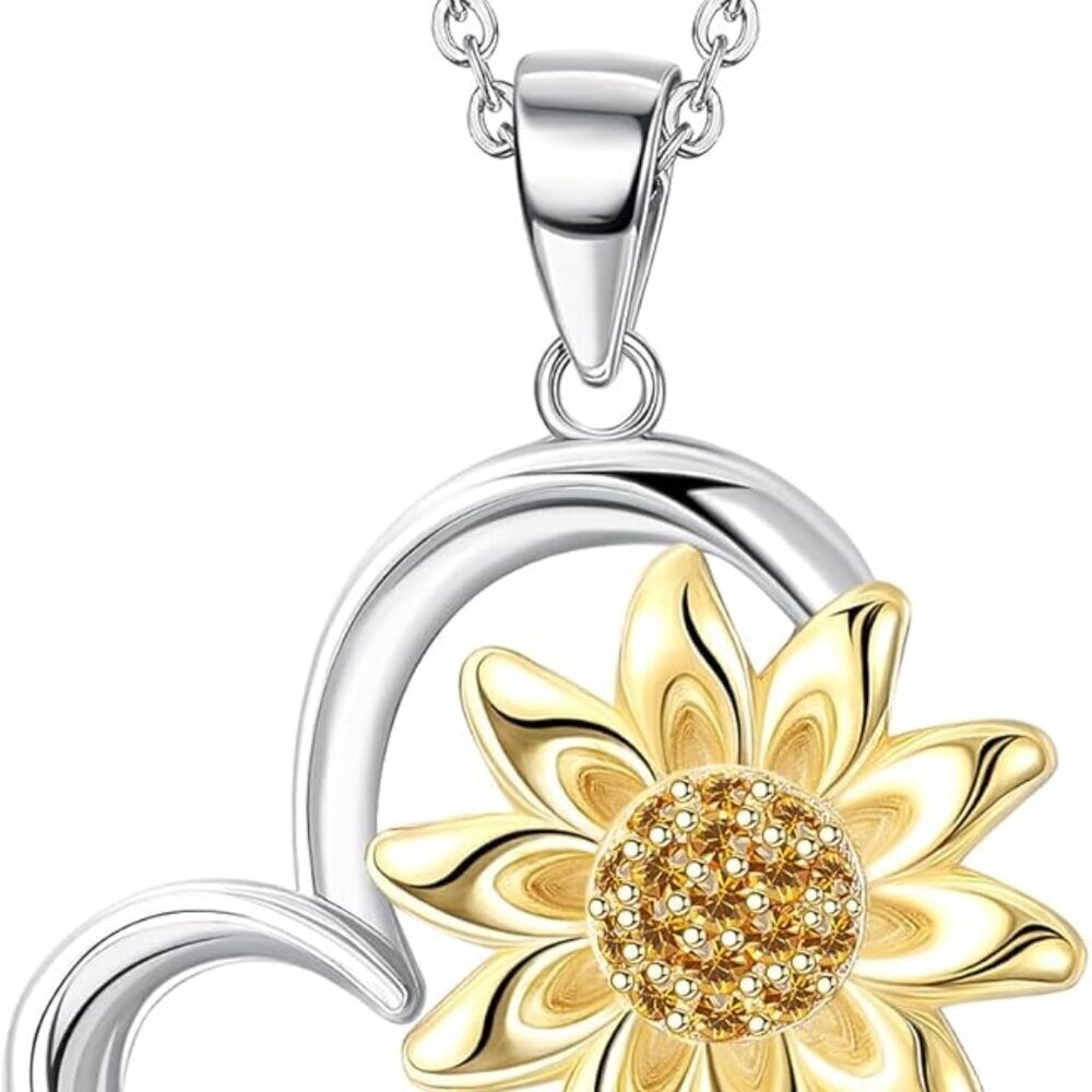 Sterling Silver Sunflower Necklace 14K Gold Plated Heart Pendant Gift for Women - Picture 1 of 6